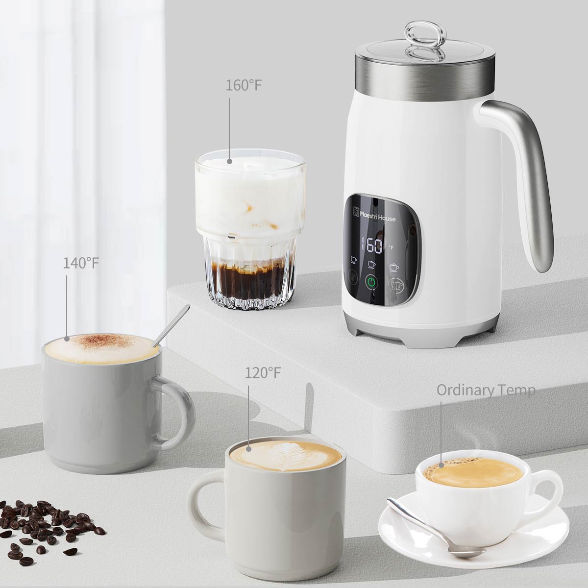 White, Milk Frother Pot Large Capacity Smart Adjustable Integrated