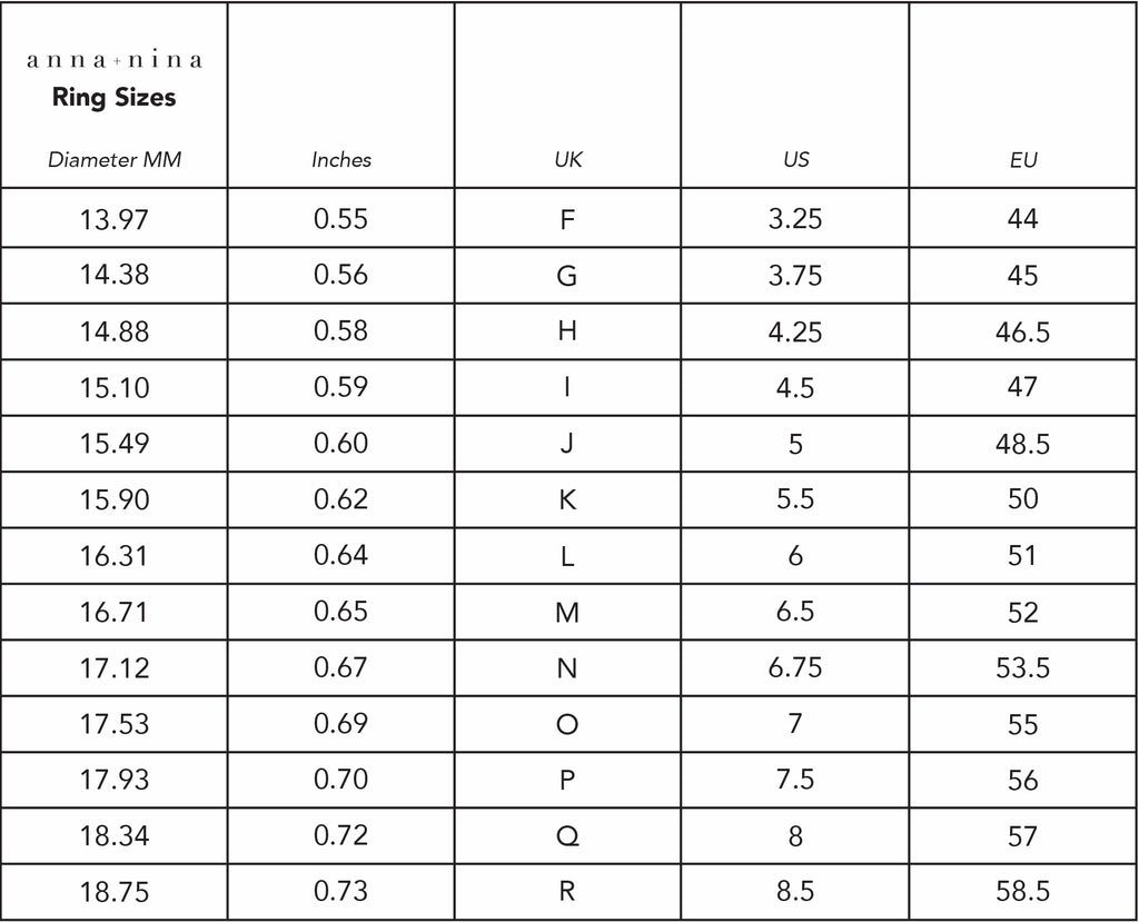 Secret Woods Ring Sizing Chart