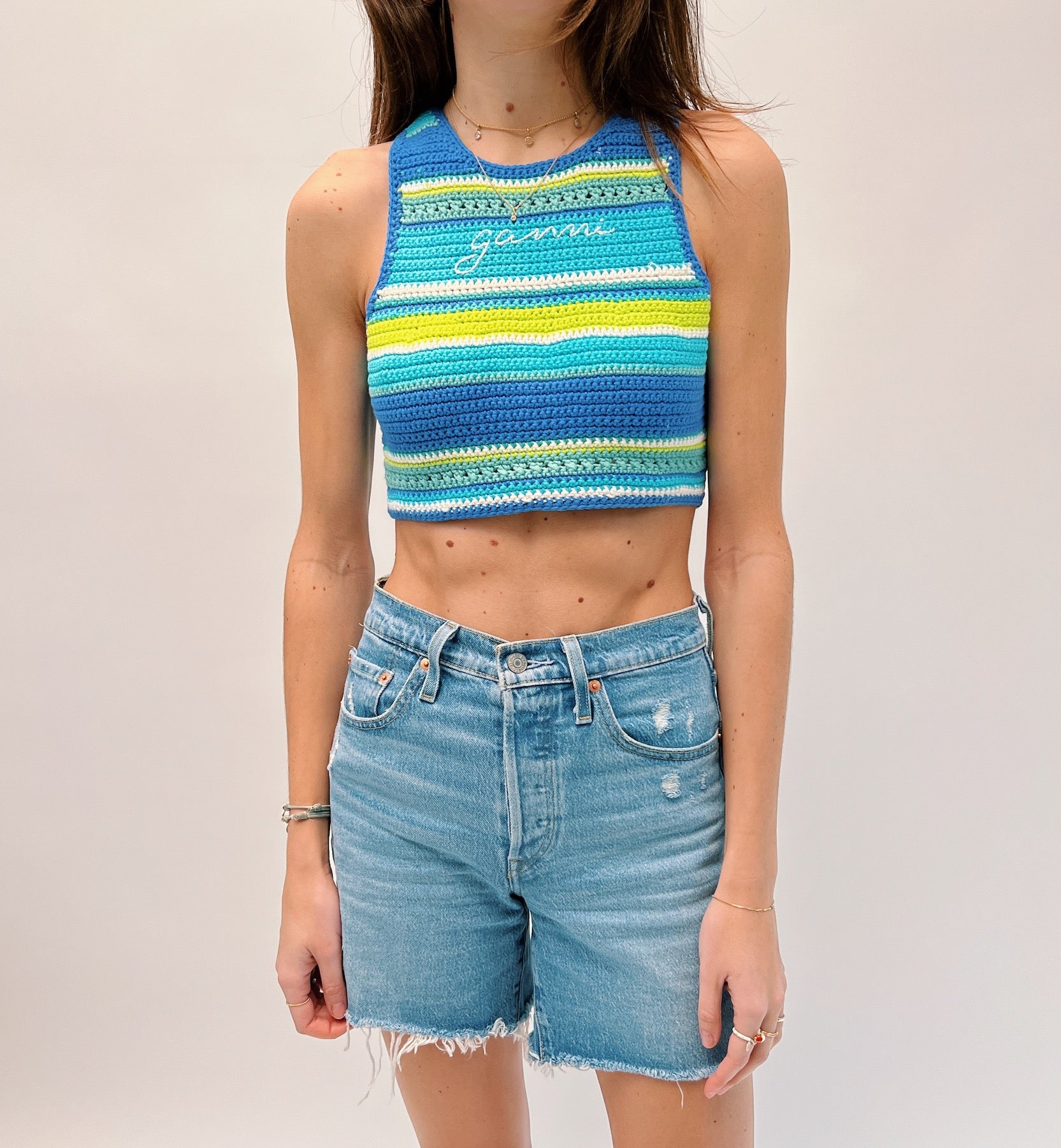 GANNI Blue Curacao Crochet Racerback Bikini Top | Clothing + Nina