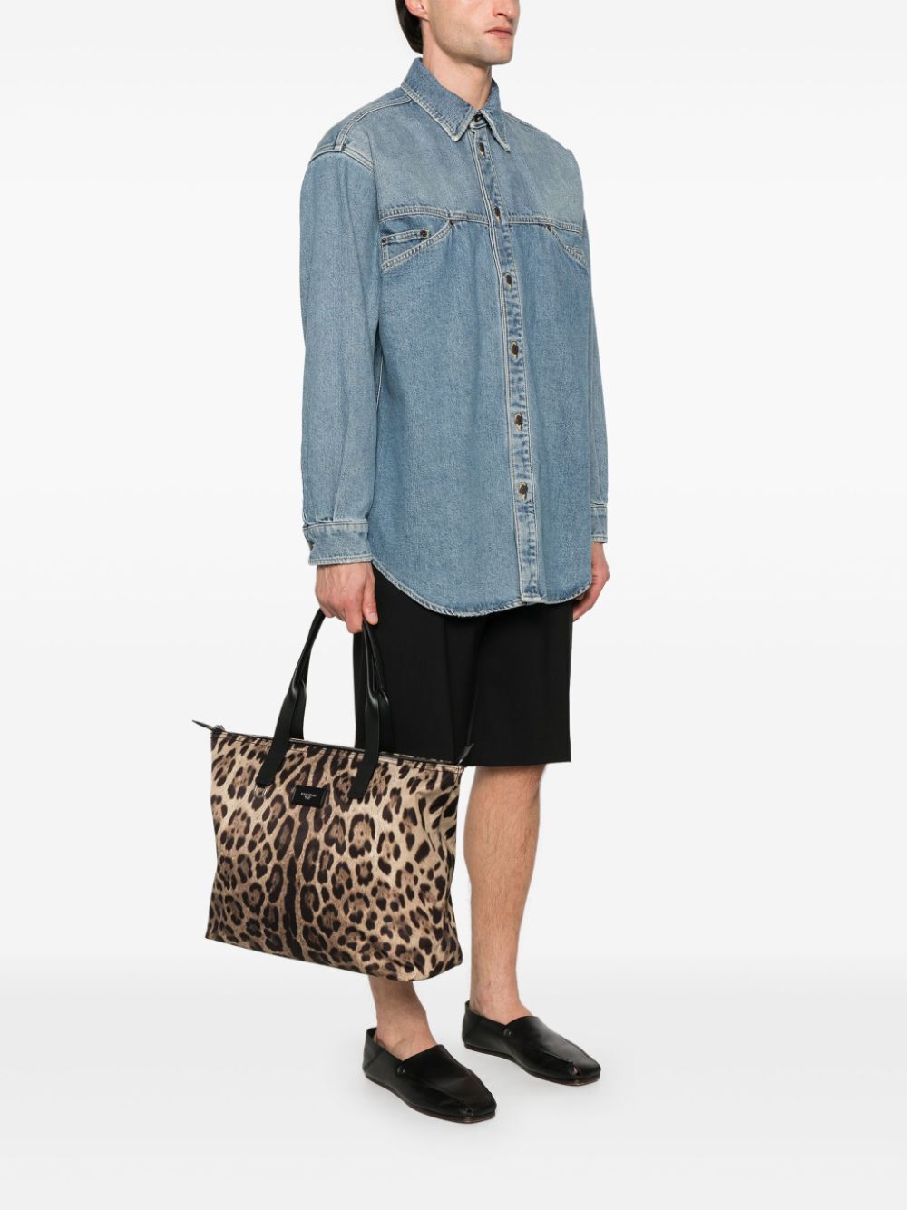 Dolce & Gabbana Leopard Print Nylon Adamo Shopper Bags In Brown