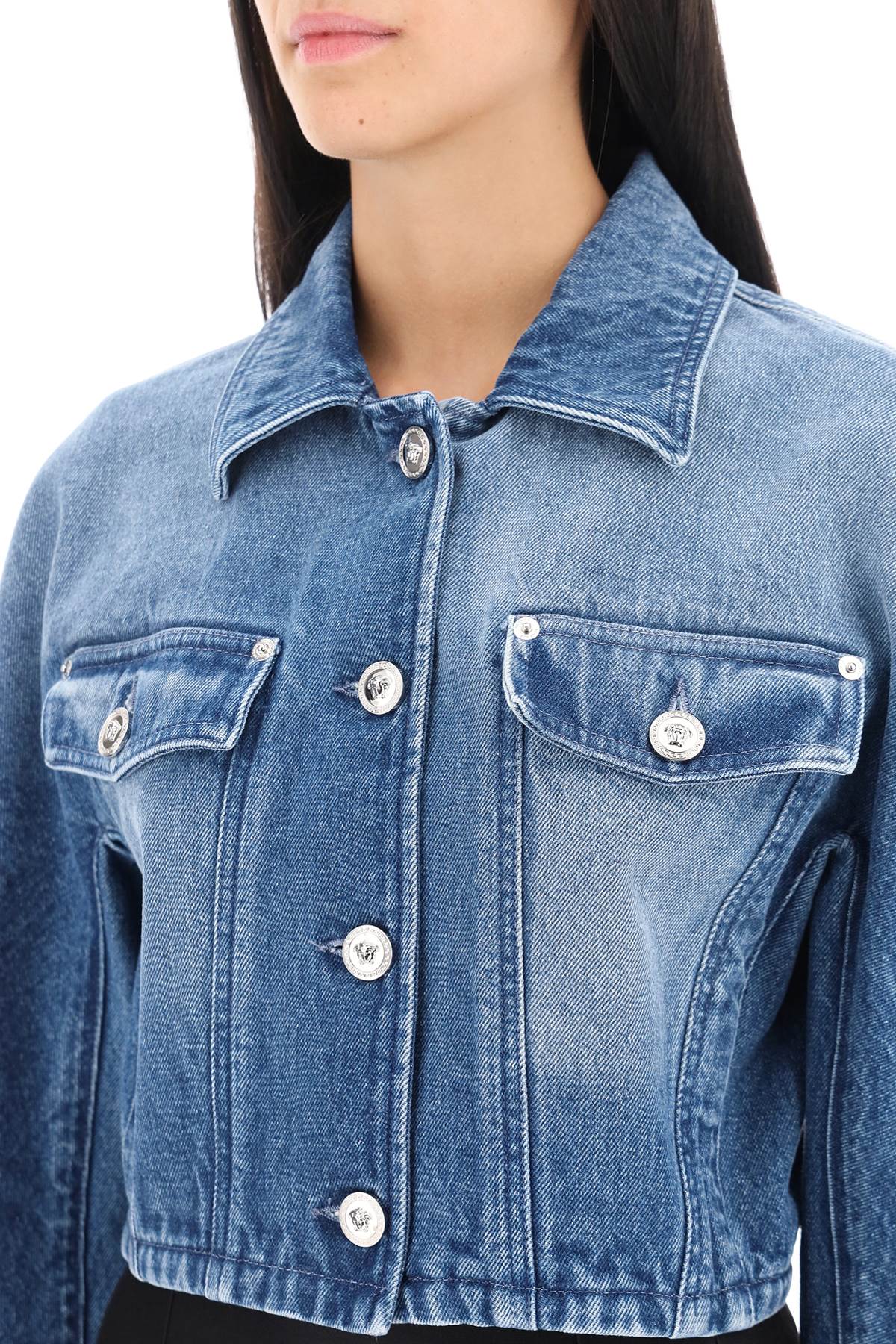 Shop Versace Cropped Denim Jacket Women In Blue