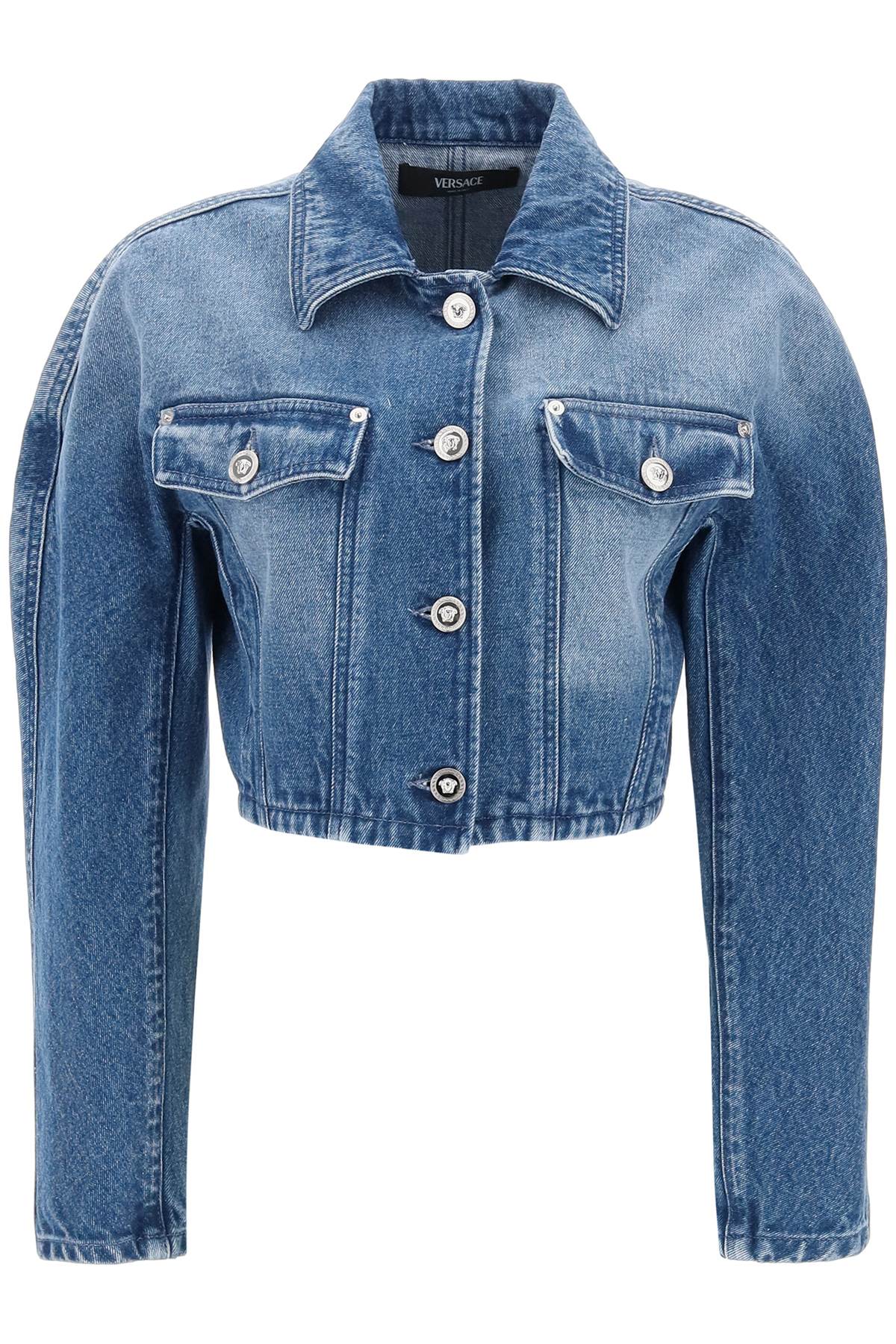 Shop Versace Cropped Denim Jacket Women In Blue