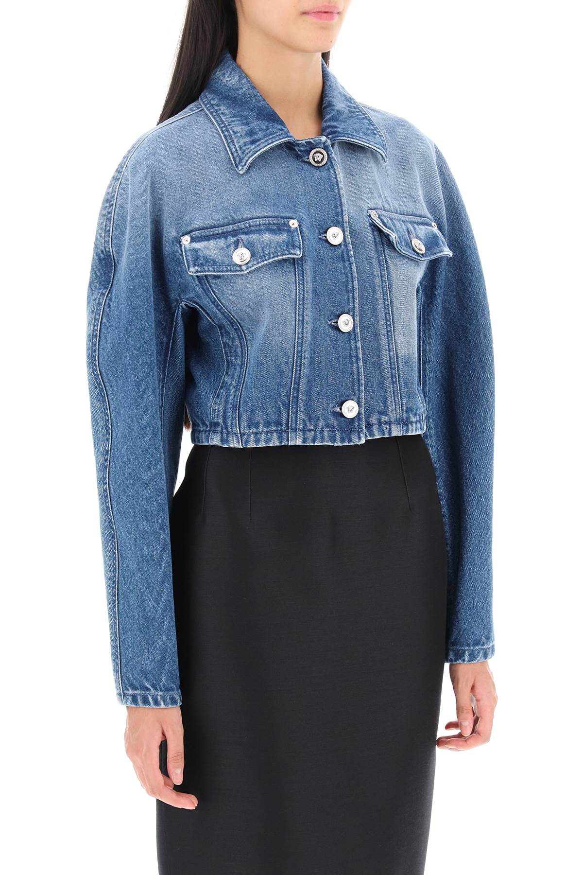 Shop Versace Cropped Denim Jacket Women In Blue