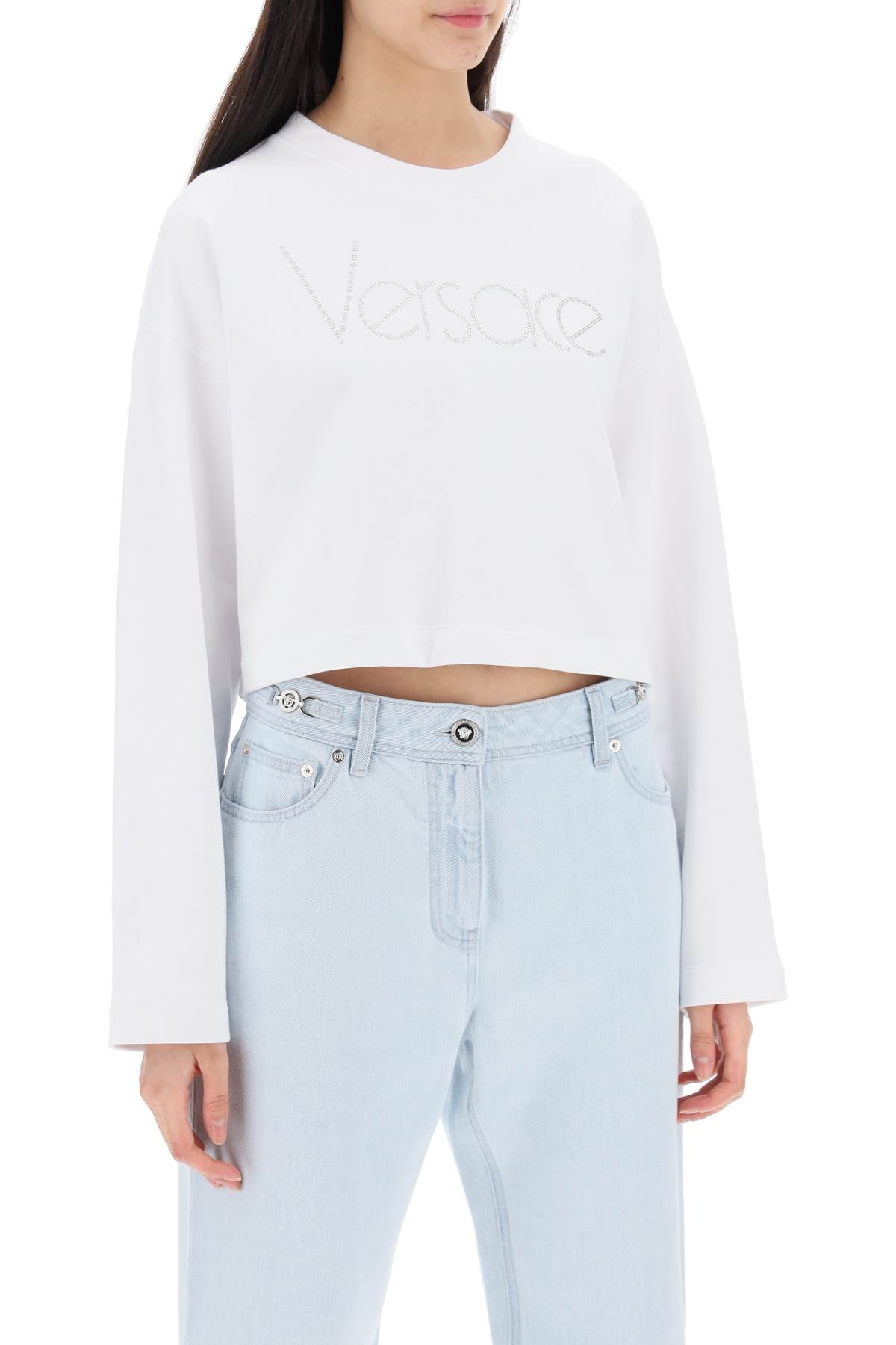 Shop Versace "cropped Sweatshirt With Rhinestone Women In Multicolor