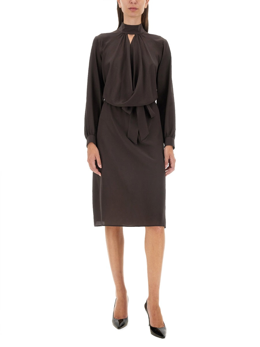 Kiton Silk Dress With Buttoned Cuffs And Waist Tie In Multicolor