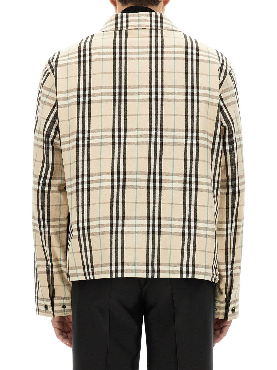 Burberry Beige Jacket With Classic Collar And All-over Check Motif In Cotton Man In Cream