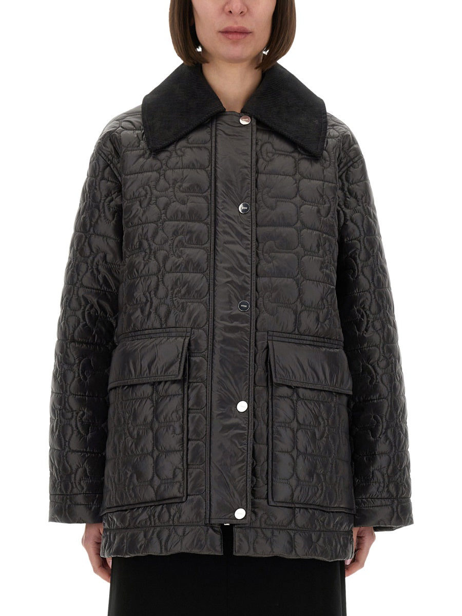 Ganni Quilted Midi Jacket With Textured Surface In Gray