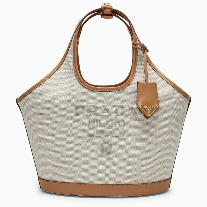 Shop Prada Large Shopping Bag In Linen And Leather Blend With Logo Women In Cream