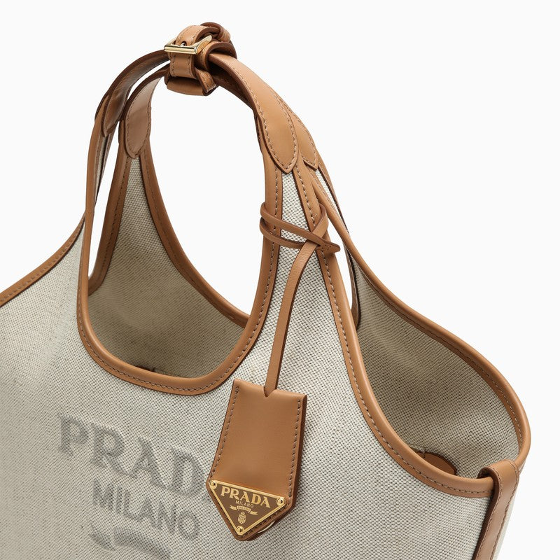 Shop Prada Large Shopping Bag In Linen And Leather Blend With Logo Women In Cream
