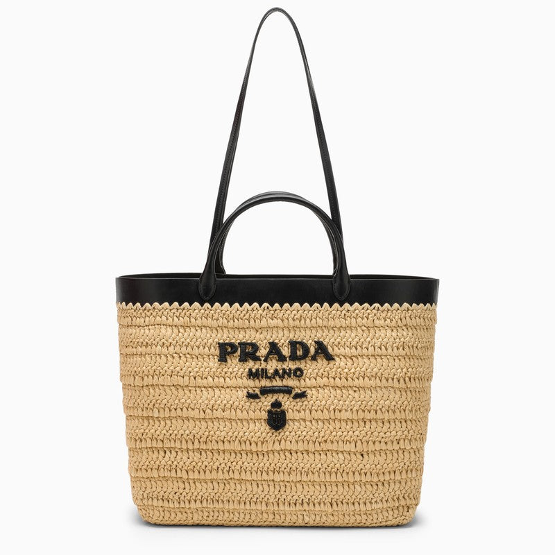 Shop Prada Large Tote In Raffia And Black Leather With Logo Women In Pink