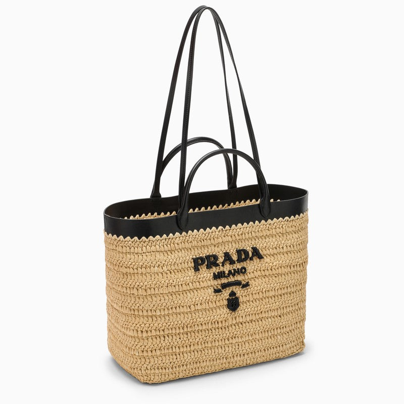 Shop Prada Large Tote In Raffia And Black Leather With Logo Women In Pink