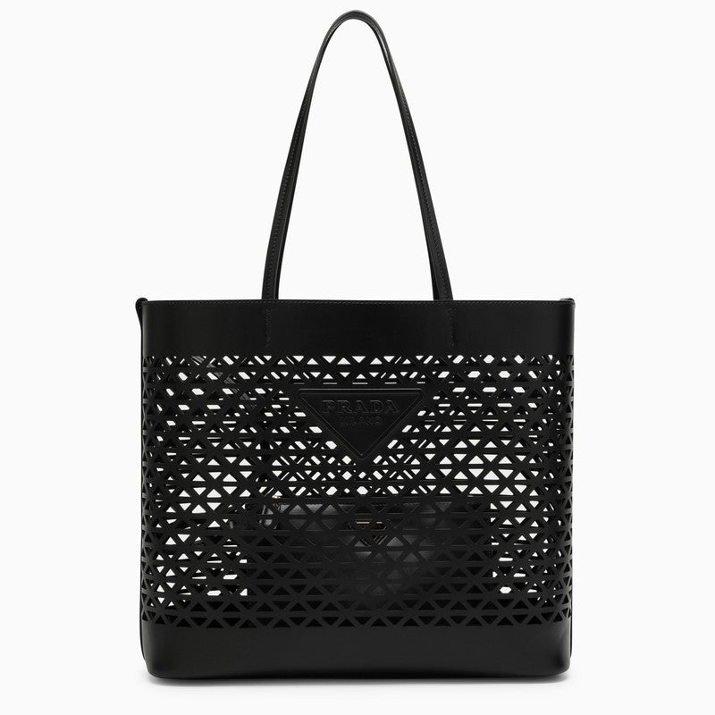 Shop Prada Large Black Perforated Leather Shopping Bag Women In Brown