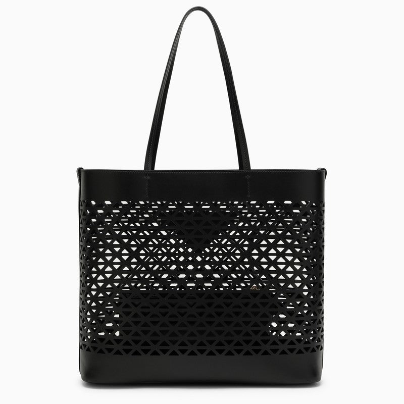 Shop Prada Large Black Perforated Leather Shopping Bag Women In Brown