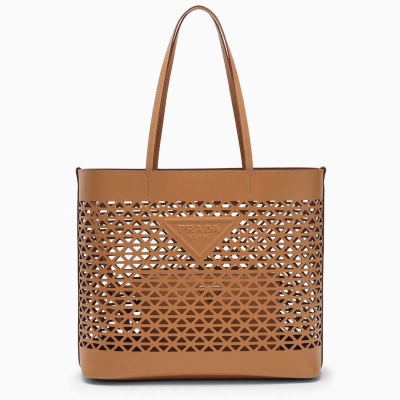 Shop Prada Large Brown Perforated Leather Shopping Bag Women In Cream
