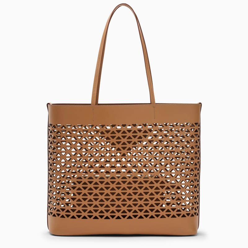 Shop Prada Large Brown Perforated Leather Shopping Bag Women In Cream