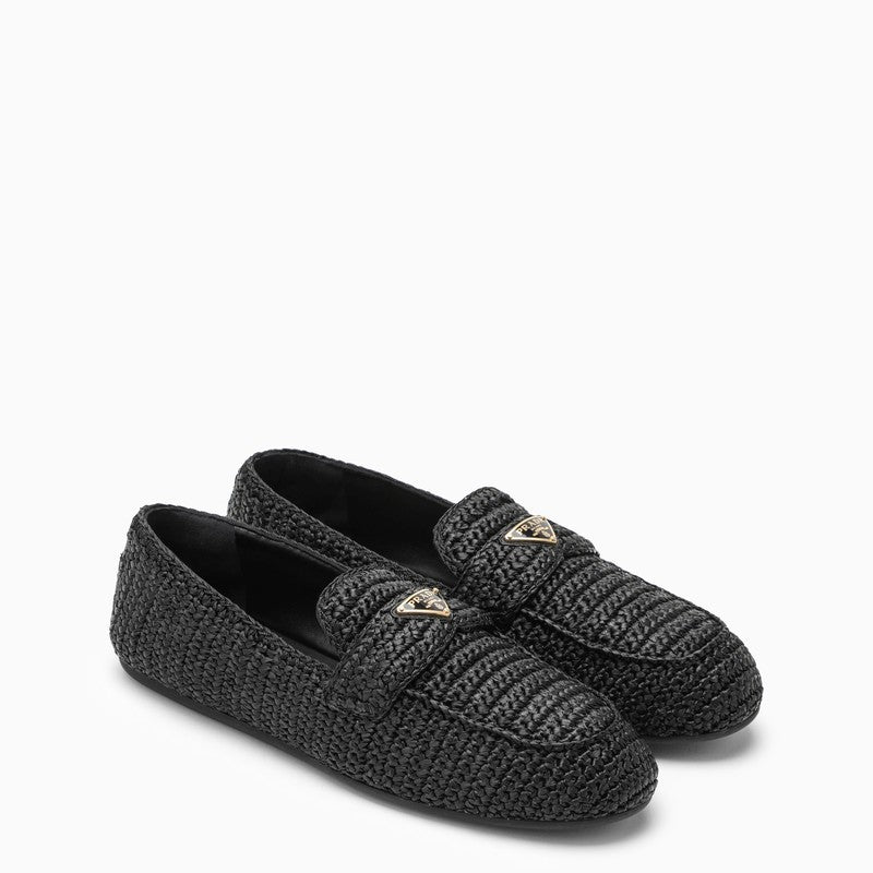 Shop Prada Black Raffia Loafer With Logo Triangle Women In Brown