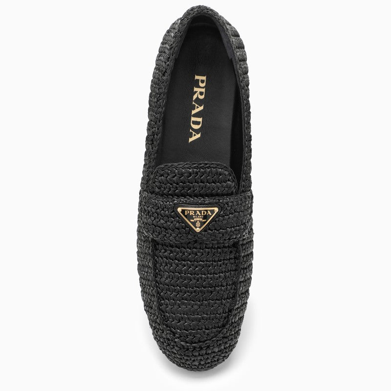Shop Prada Black Raffia Loafer With Logo Triangle Women In Brown
