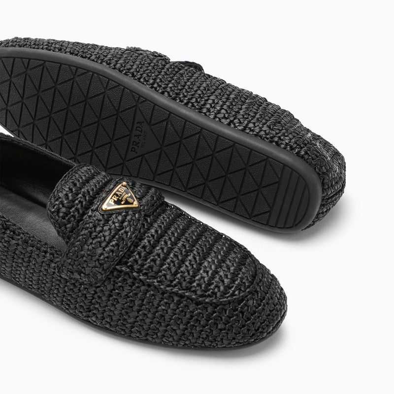 Shop Prada Black Raffia Loafer With Logo Triangle Women In Brown