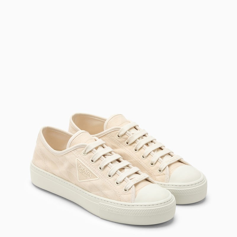 Shop Prada Ivory Fabric Trainer With Logo Embroidery Women In Cream