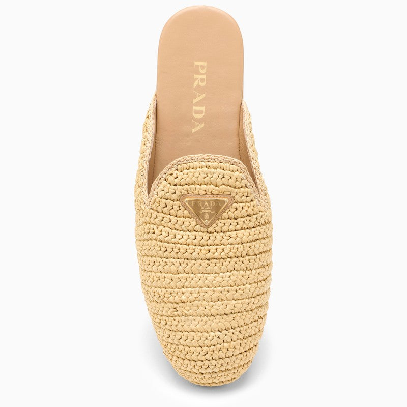 Shop Prada Natural Raffia Loafer With Logo Triangle Women In Cream