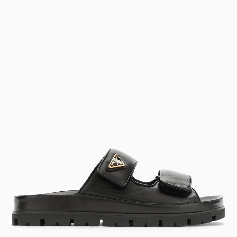 Shop Prada Black Leather Slide With Triangle Logo Women In Brown