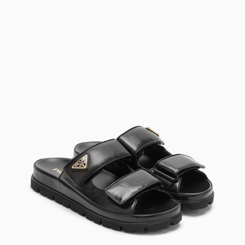 Shop Prada Black Leather Slide With Triangle Logo Women In Brown
