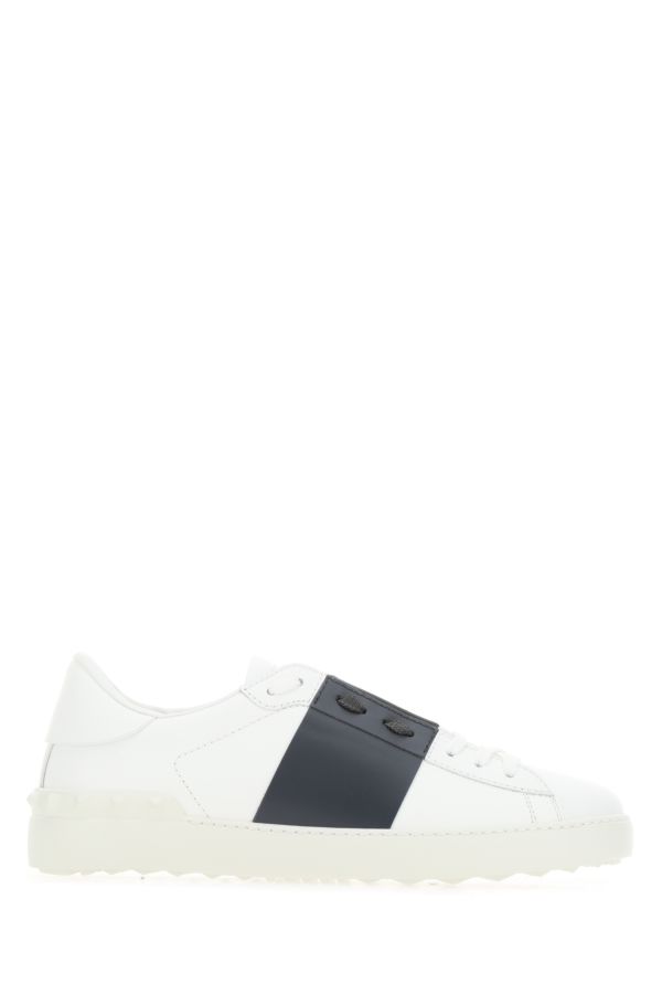 Shop Valentino Garavani Man White Leather Open Sneakers With Navy Blue Band