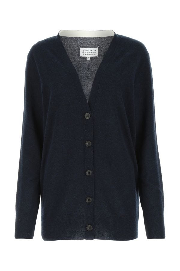 Shop Maison Margiela Woman Midnight Blue Wool Blend Cardigan