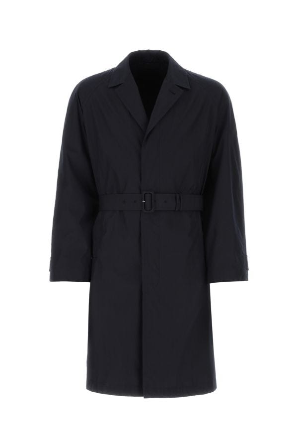 Prada Man Navy Blue Cotton Blend Overcoat In Black