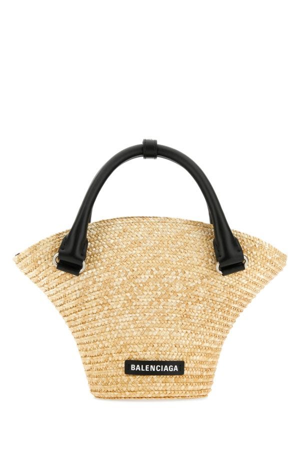 Shop Balenciaga Woman Straw Mini Beach Handbag In Brown