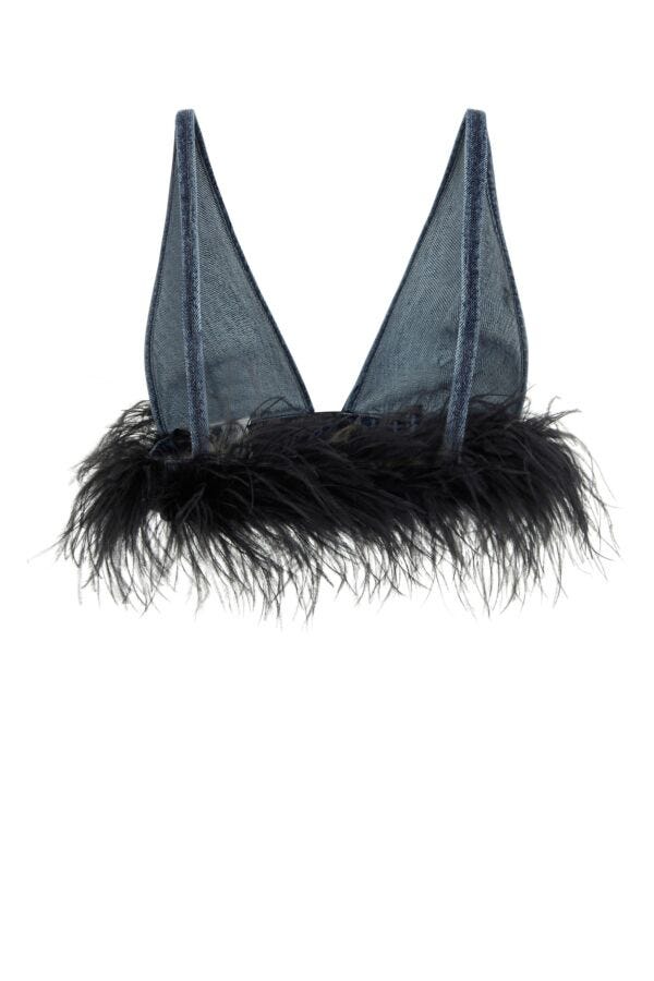 Miu Miu Denim Feathers Embellishment Top In Blue