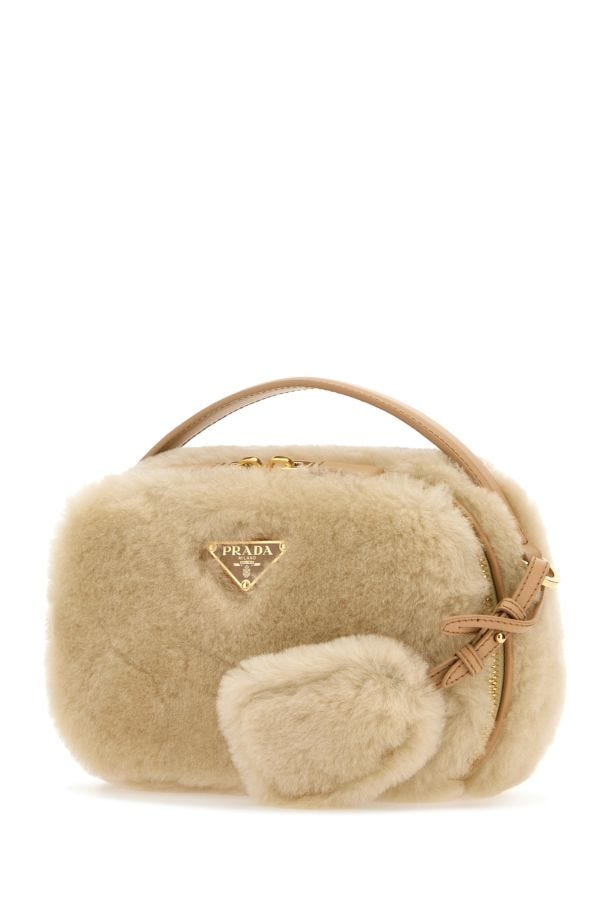 Shop Prada Woman Sand Shearling Crossbody Bag In Brown