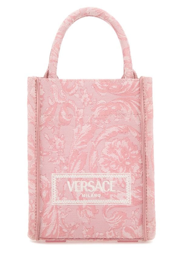 Shop Versace Woman Embroidered Fabric Mini Athena Handbag In Pink