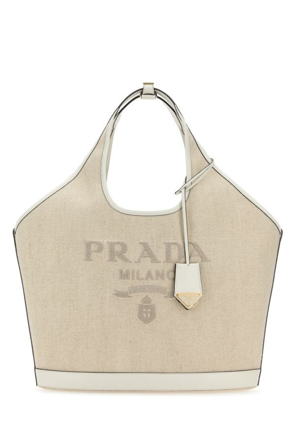 Prada Woman Sand Canvas Shopping Bag In Brown