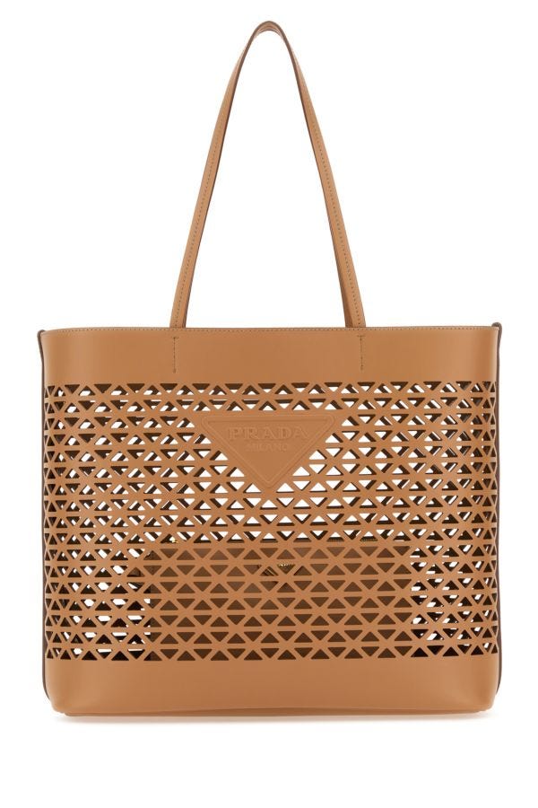 Prada Woman Sand Leather Shopping Bag In Brown