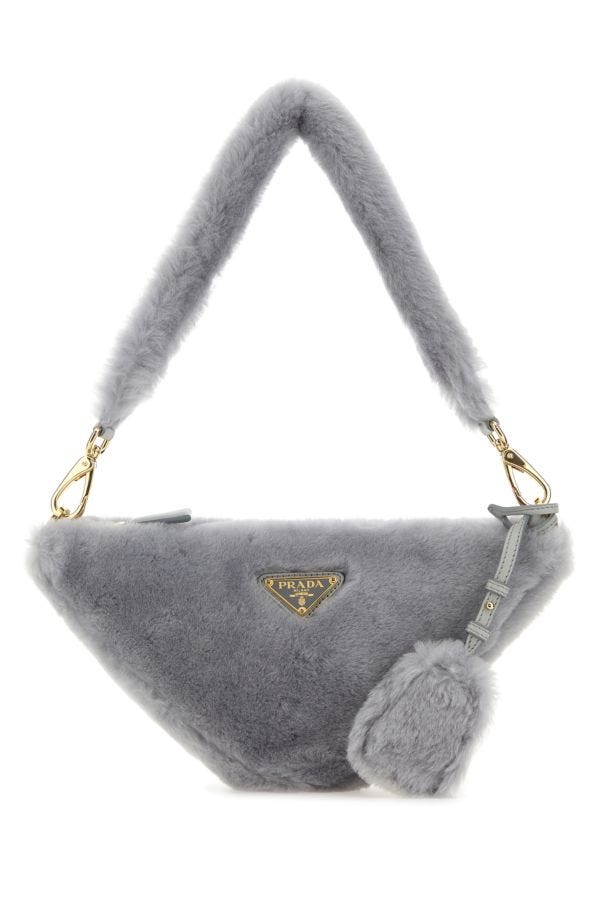 Prada Woman Grey Shearling Triangle Handbag In Gray
