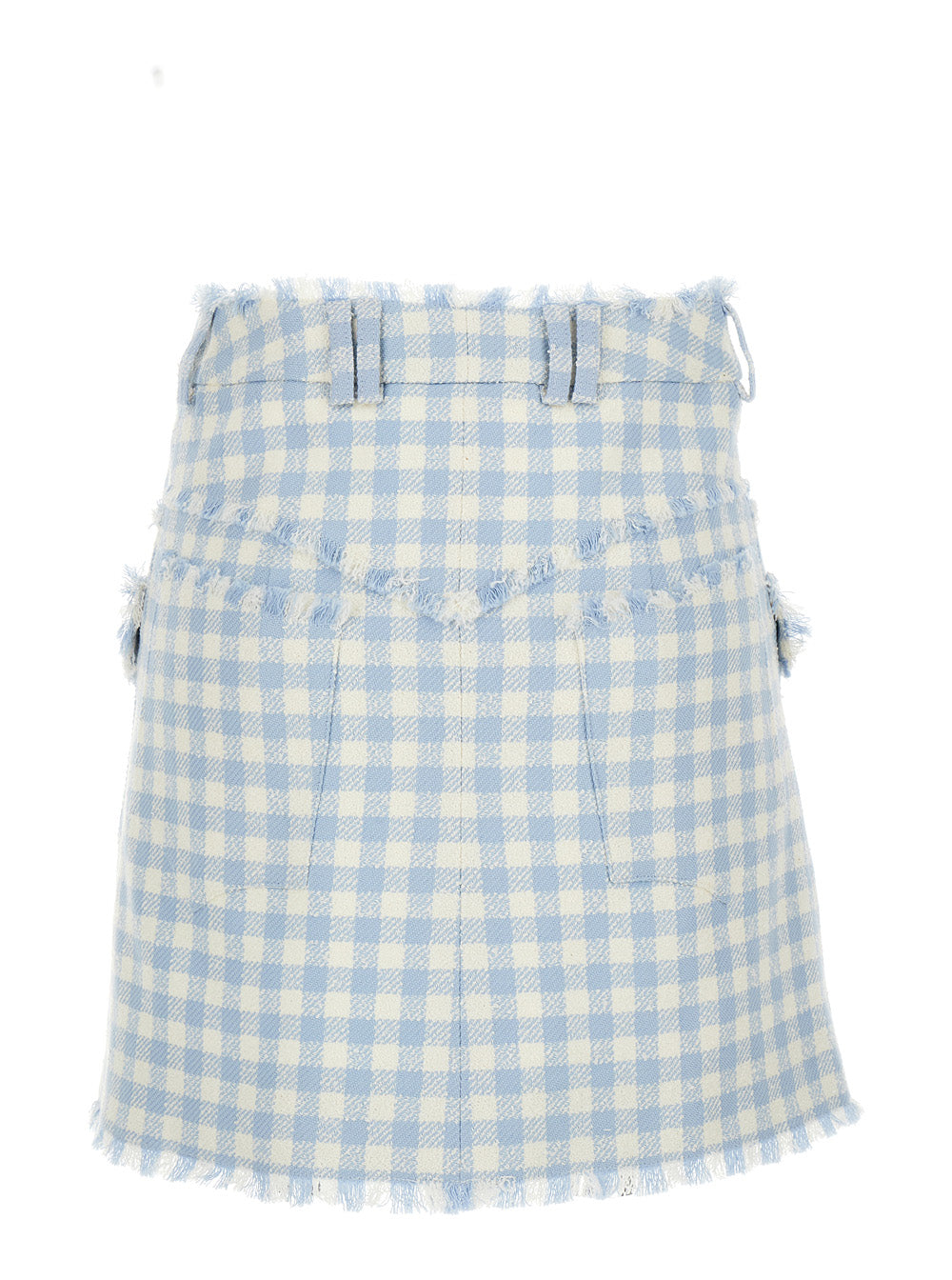 Balmain Button-embellished Frayed Gingham Cotton-blend Tweed Mini Skirt In Blue