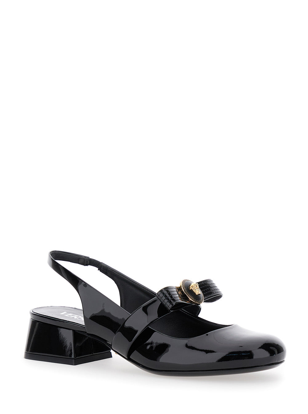 Versace Black Ballerina Shoes With Heel And Medusa Detail On The Front In Shiny Leather Woman In Multicolor