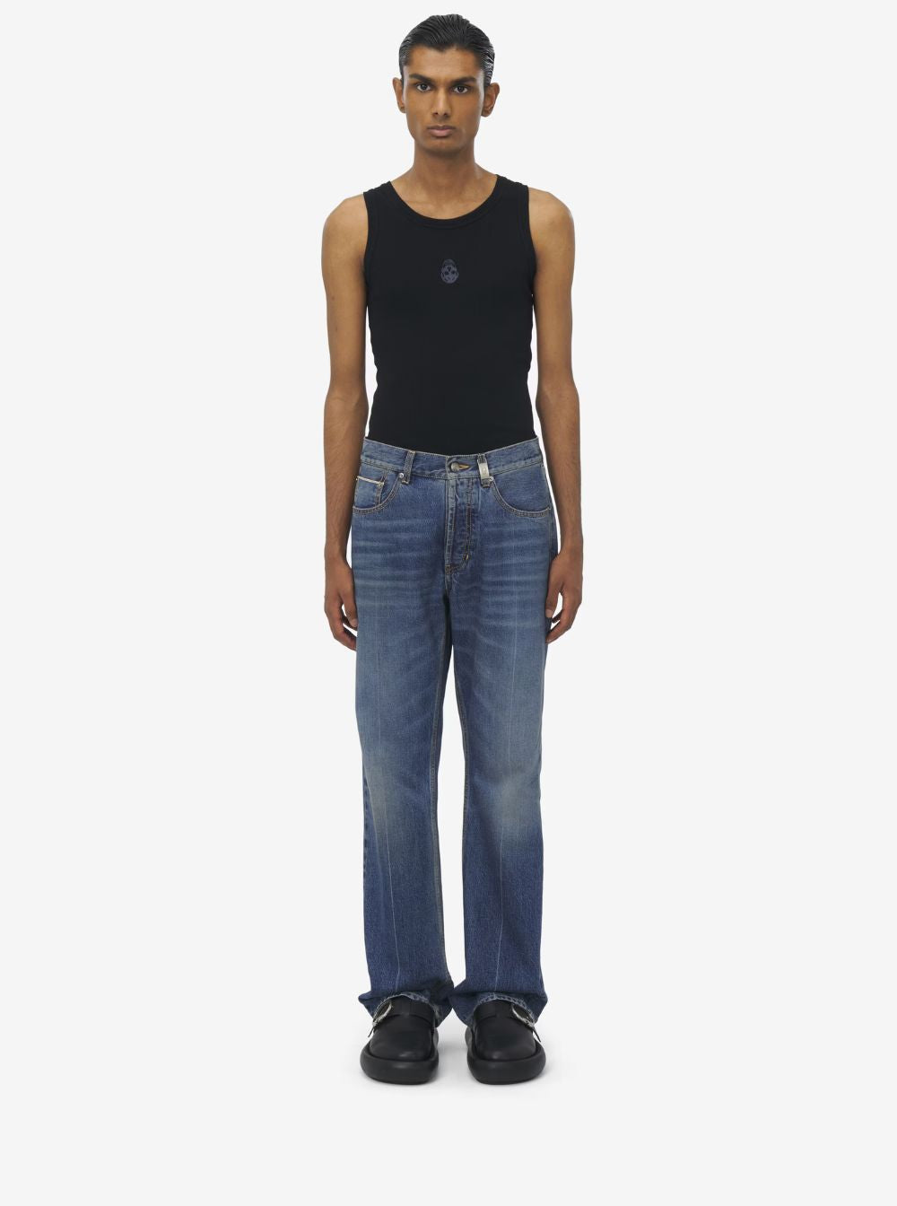 Alexander Mcqueen Blue High Waisted Jeans With Logo Detail On The Loop And Logo Patch On The Rear In In Multicolor