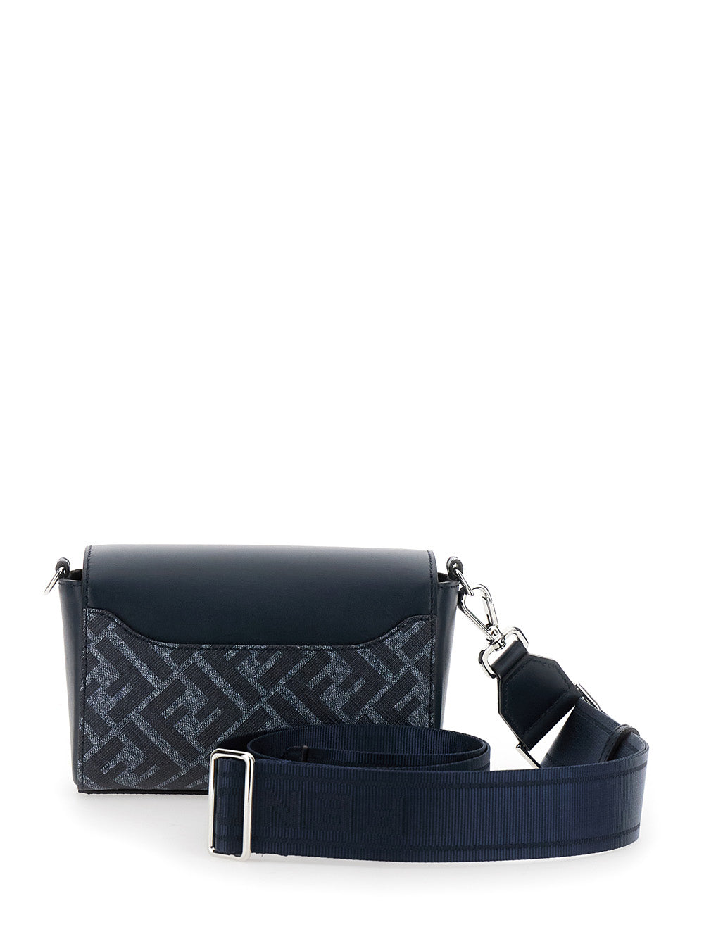 Fendi 'messenger' Midnight Blue Shoulder Bag With Logo Plaque And Ff Motif In Leather And Canvas Man In Multicolor