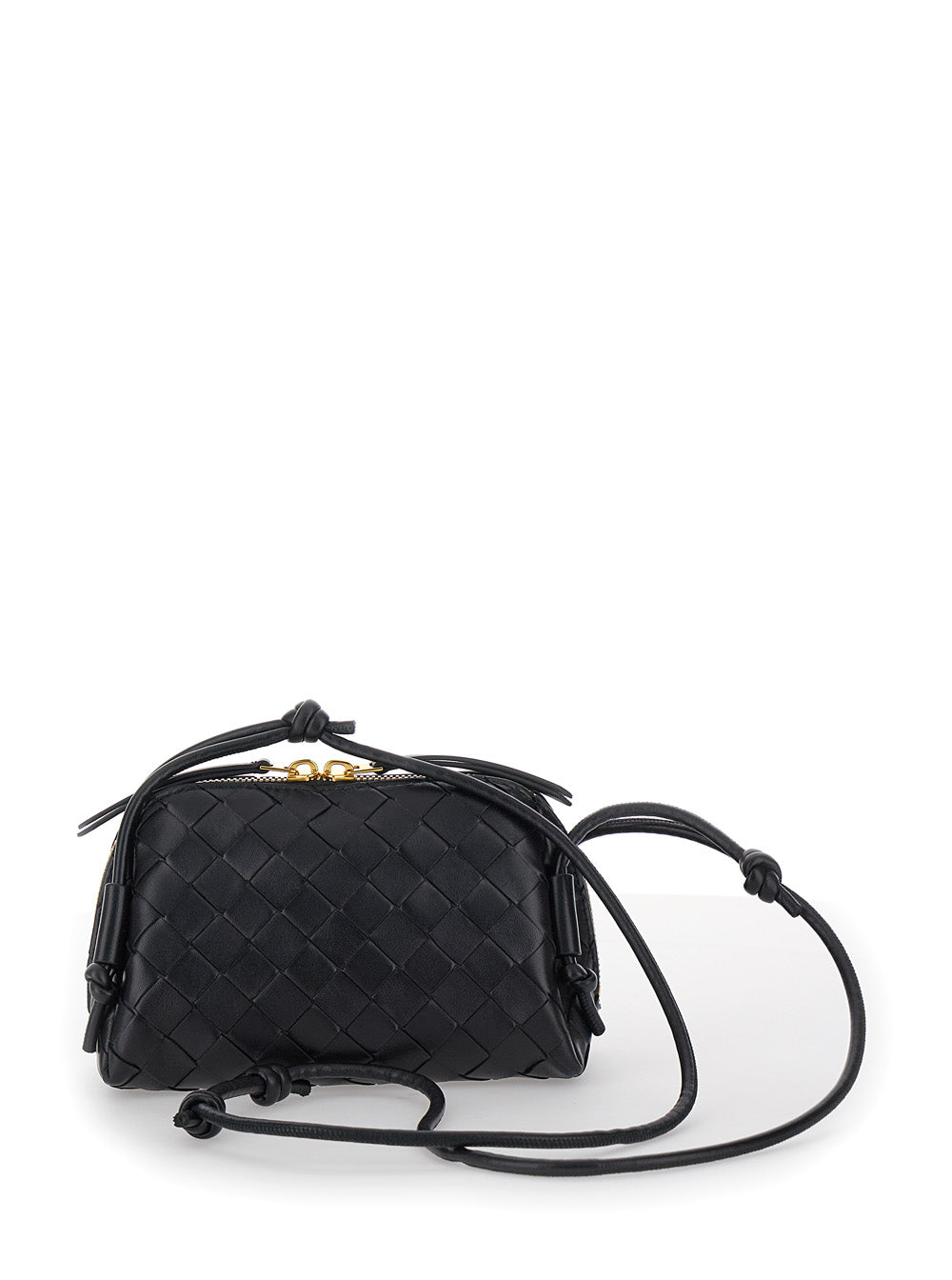 Bottega Veneta 'concert' Black Crossbody Bag With Intreccio Motif In Leather Woman