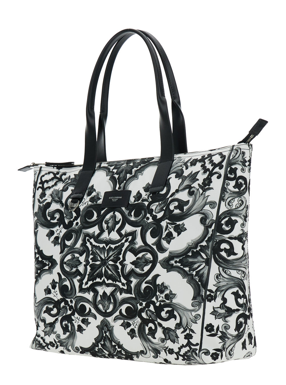 Dolce & Gabbana Black Tote Bag With Top Zip Closure And All-over Print In Tech Fabric Man