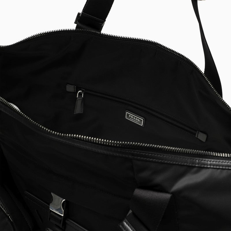 Shop Prada Re-nylon And Black Leather Travel Bag Men In Brown