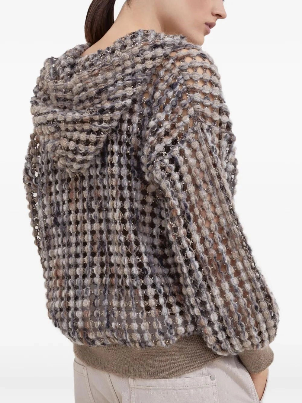 Brunello Cucinelli Pailette Wool-cashmere Net Balloon-sleeve Zip Hoodie In Multi
