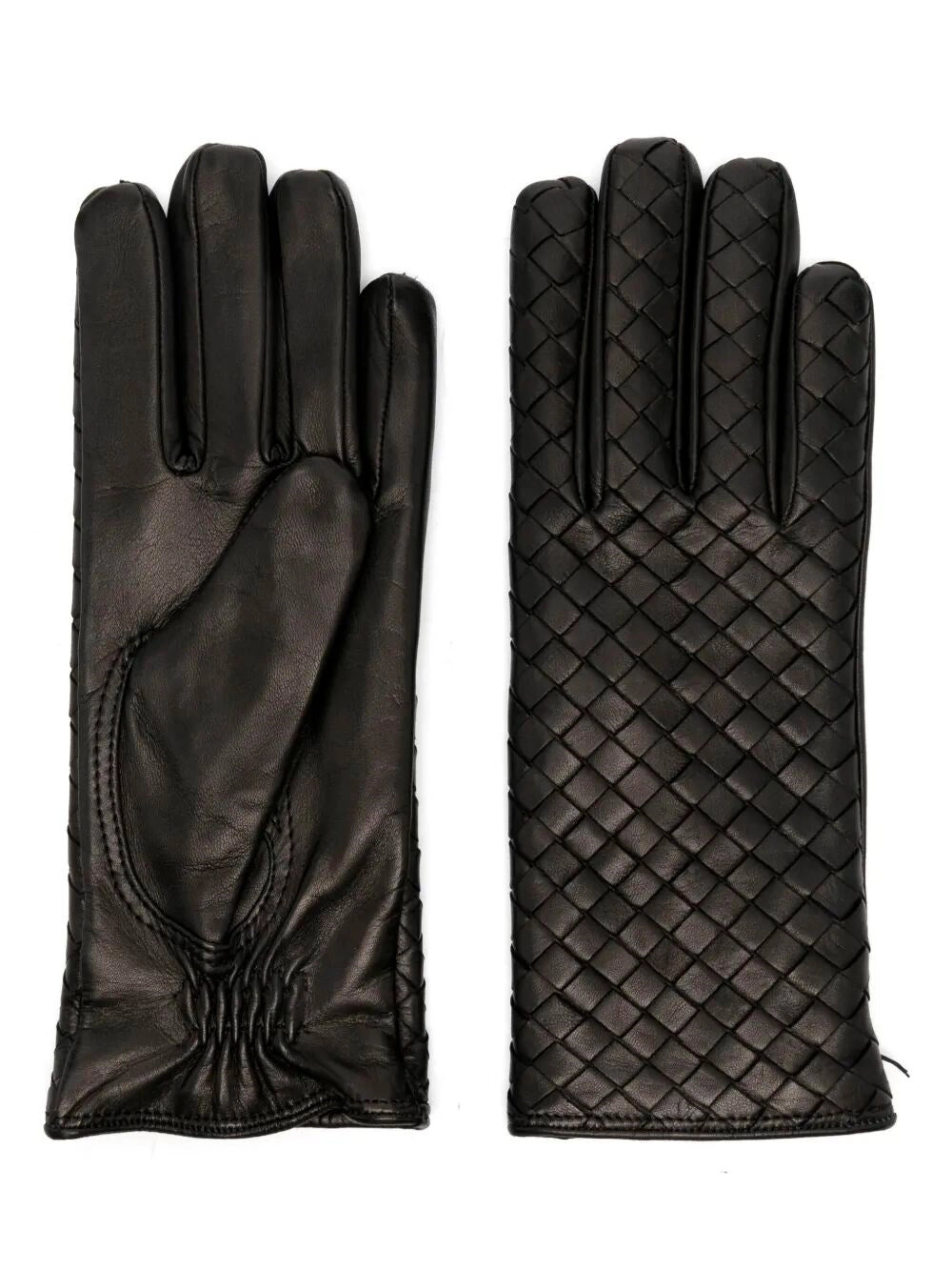 Bottega Veneta Black Leather Gloves With Intrecciato Pattern In Black