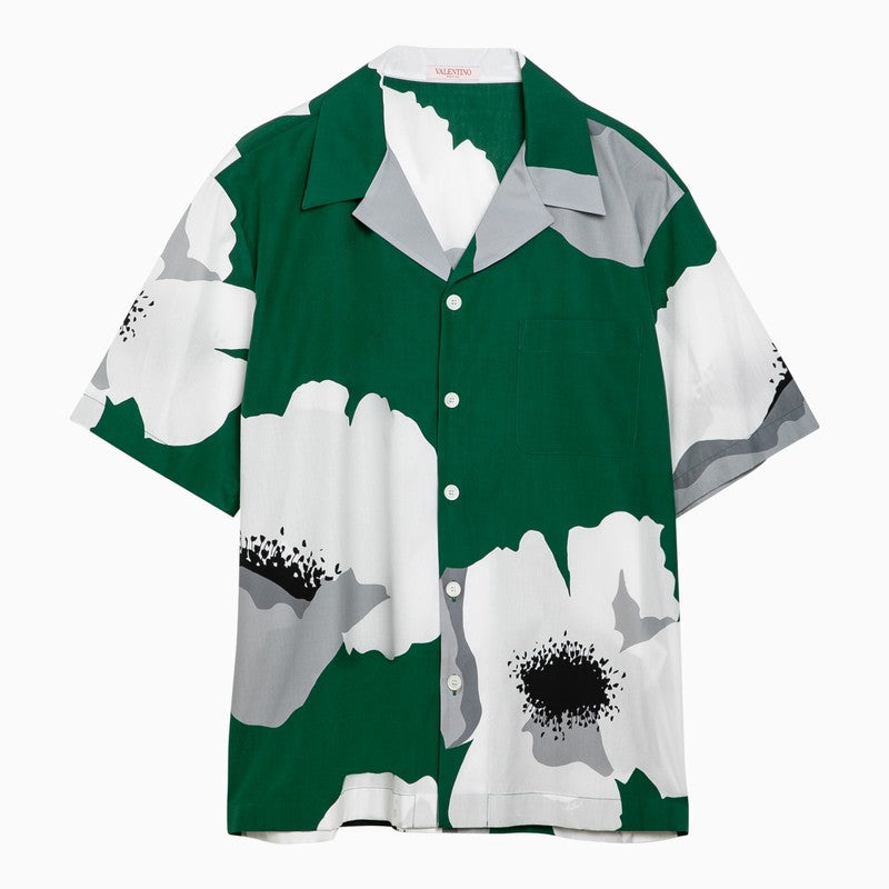 Shop Valentino Emerald Green/grey Cotton Flower Portrait Shirt Men In Multicolor