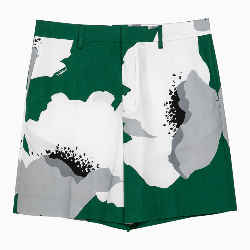 Shop Valentino Flower Portrait Emerald Green/grey Cotton Bermuda Shorts Men In Multicolor
