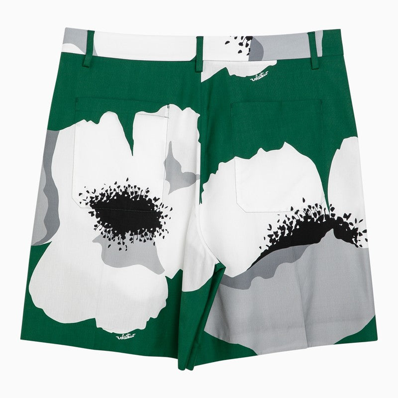 Shop Valentino Flower Portrait Emerald Green/grey Cotton Bermuda Shorts Men In Multicolor
