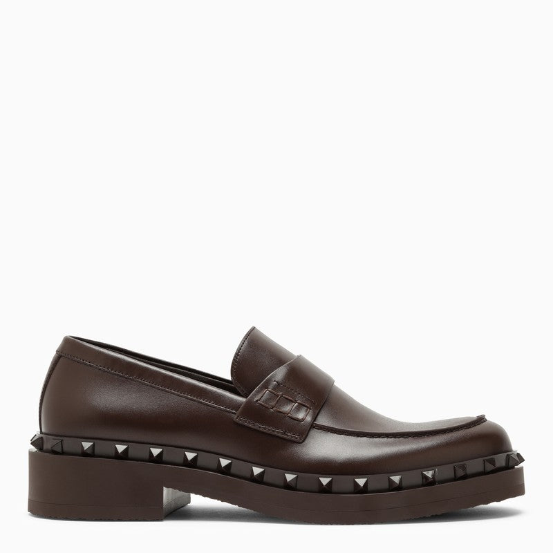 Shop Valentino Garavani M-way Brown Leather Rockstud Loafer Men
