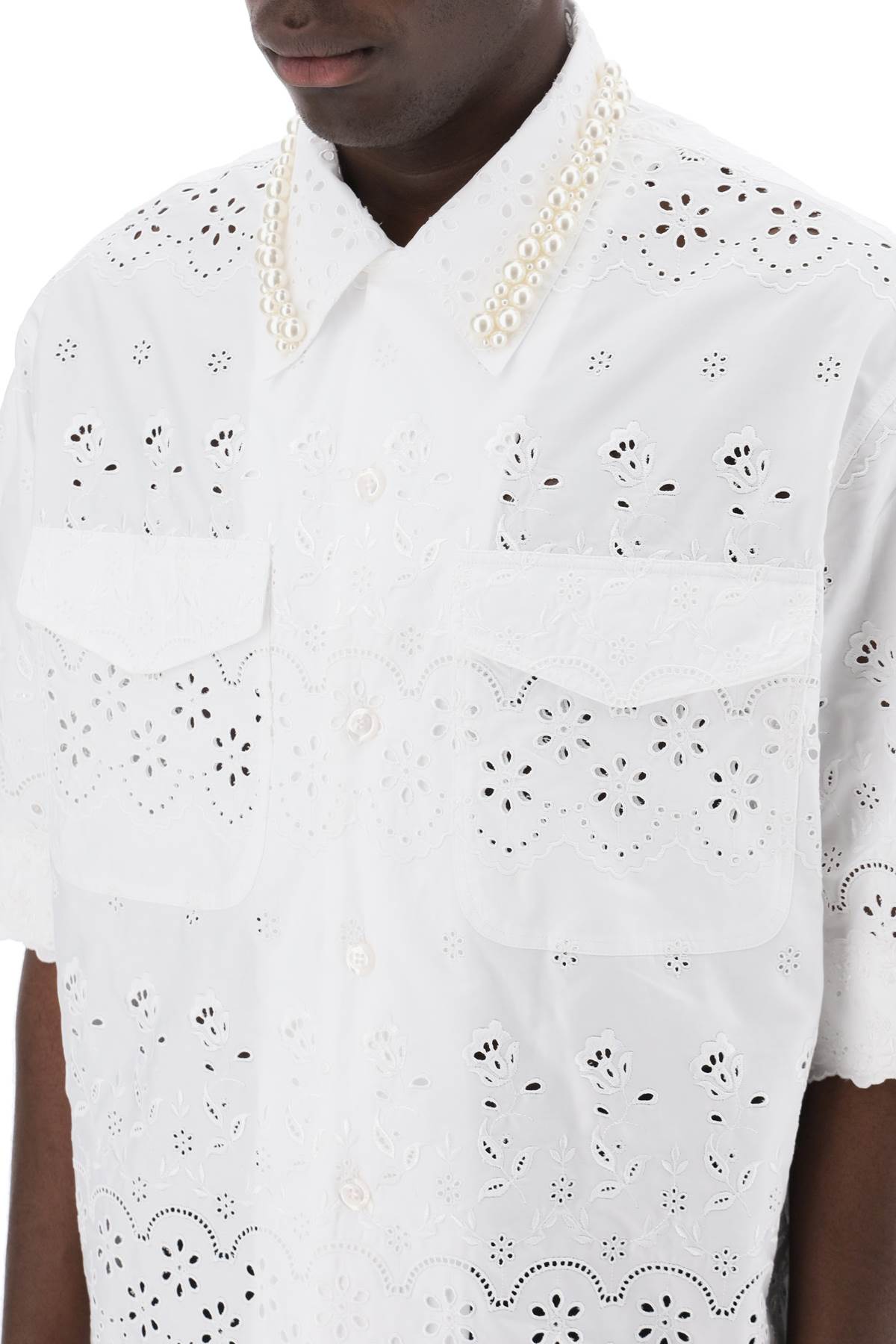 Shop Simone Rocha "scalloped Lace Shirt With Pearl Men In White